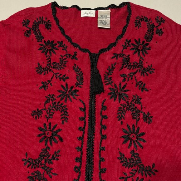 Kathie Lee Red Black Embroidered Cardigan L Ramie Cotton Vintage Grandmacore - Picture 5 of 16